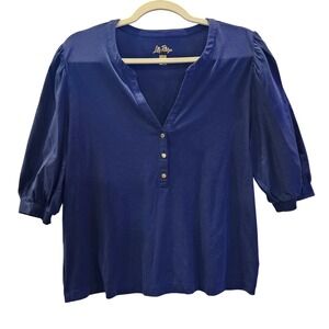 Lilly‎ Pulitzer Womens XXL Top Blouse Blue Puff Sleeve Button Front #393